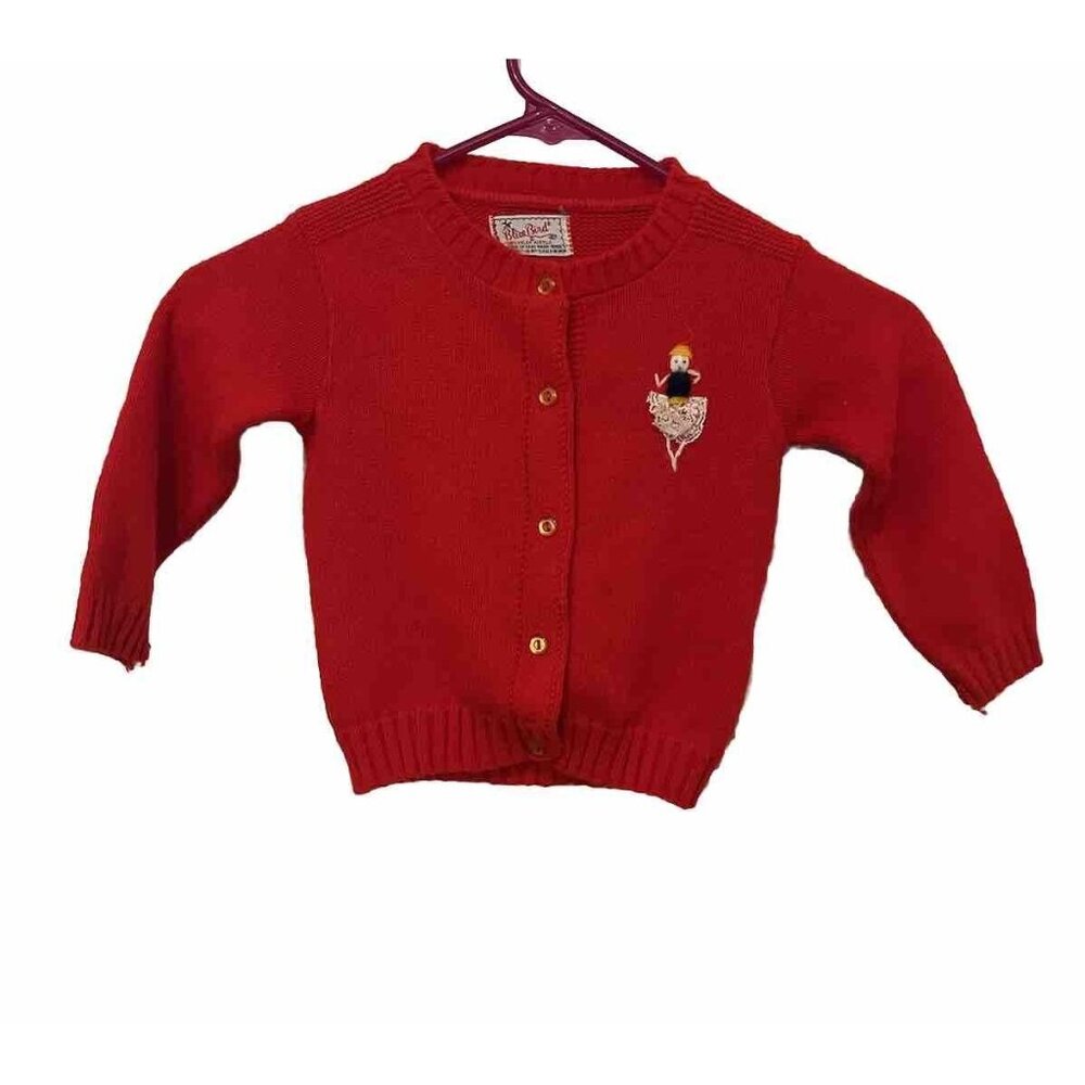 Vintage 80s Blue Bird Cardigan Sweater Girls T 2-4 Acrylic Button Red Embroidery - Picture 7 of 8